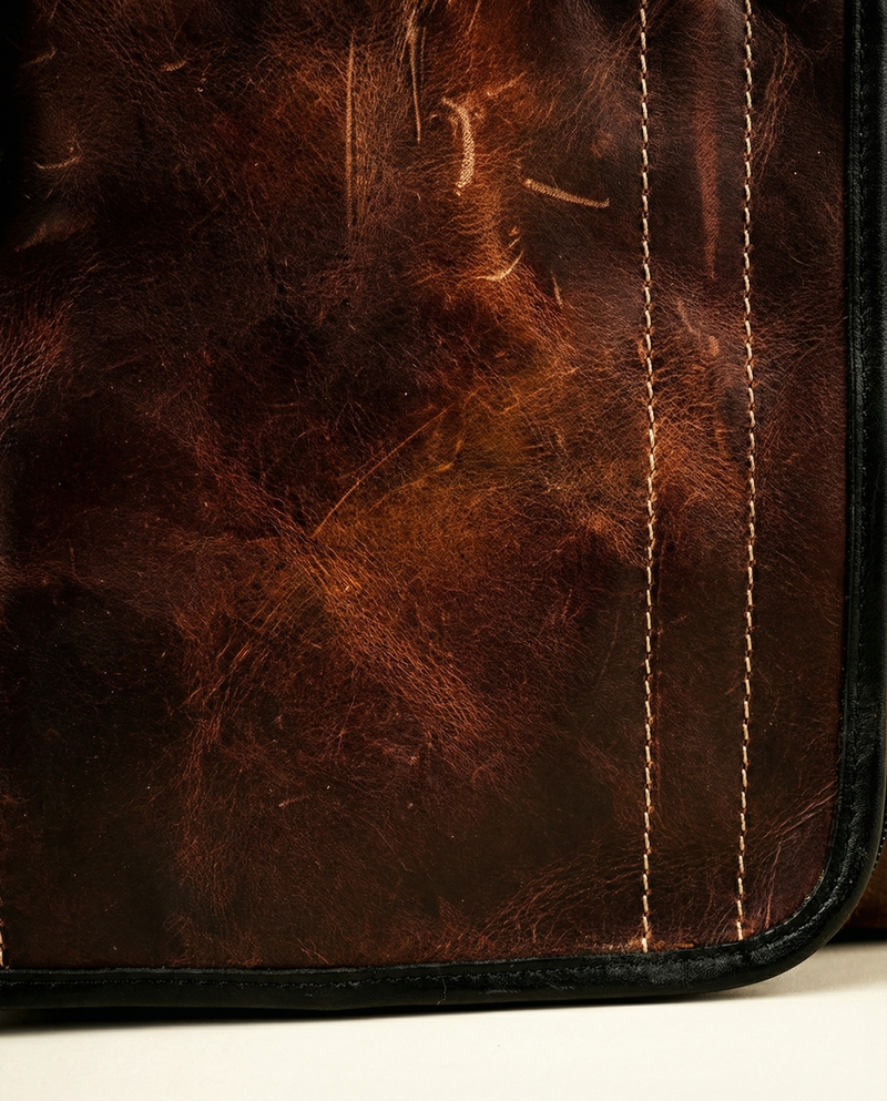 Handcrafted leather convertible bag side view by Ya Qalbi