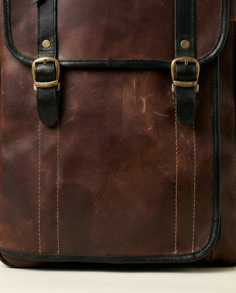 Full-grain leather backpack convertible hidden strap detail by Ya Qalbi