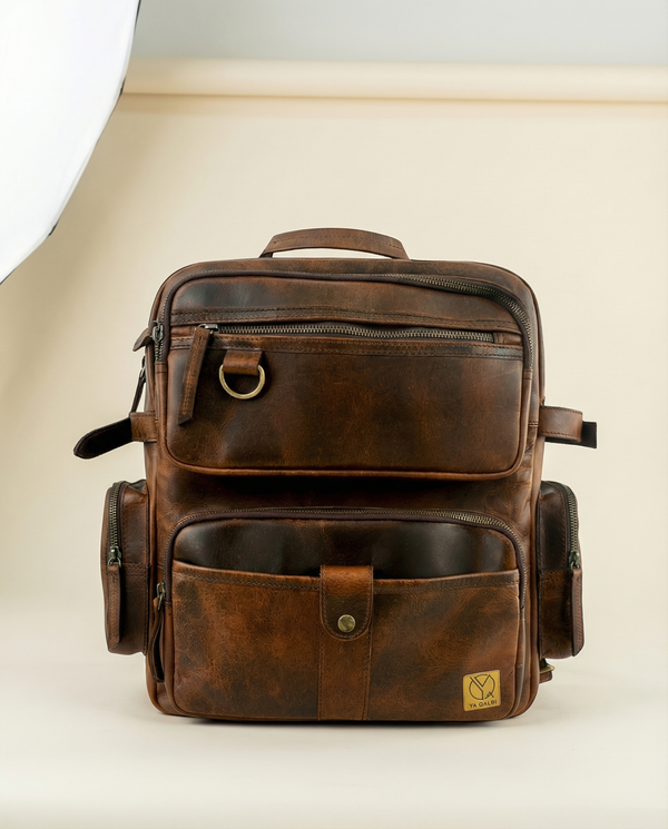 Genuine brown leather backpack for work and travel by Ya Qalbi