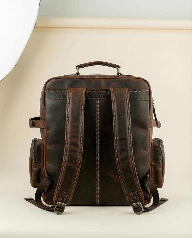 Premium leather backpack styled professional view by Ya Qalbi