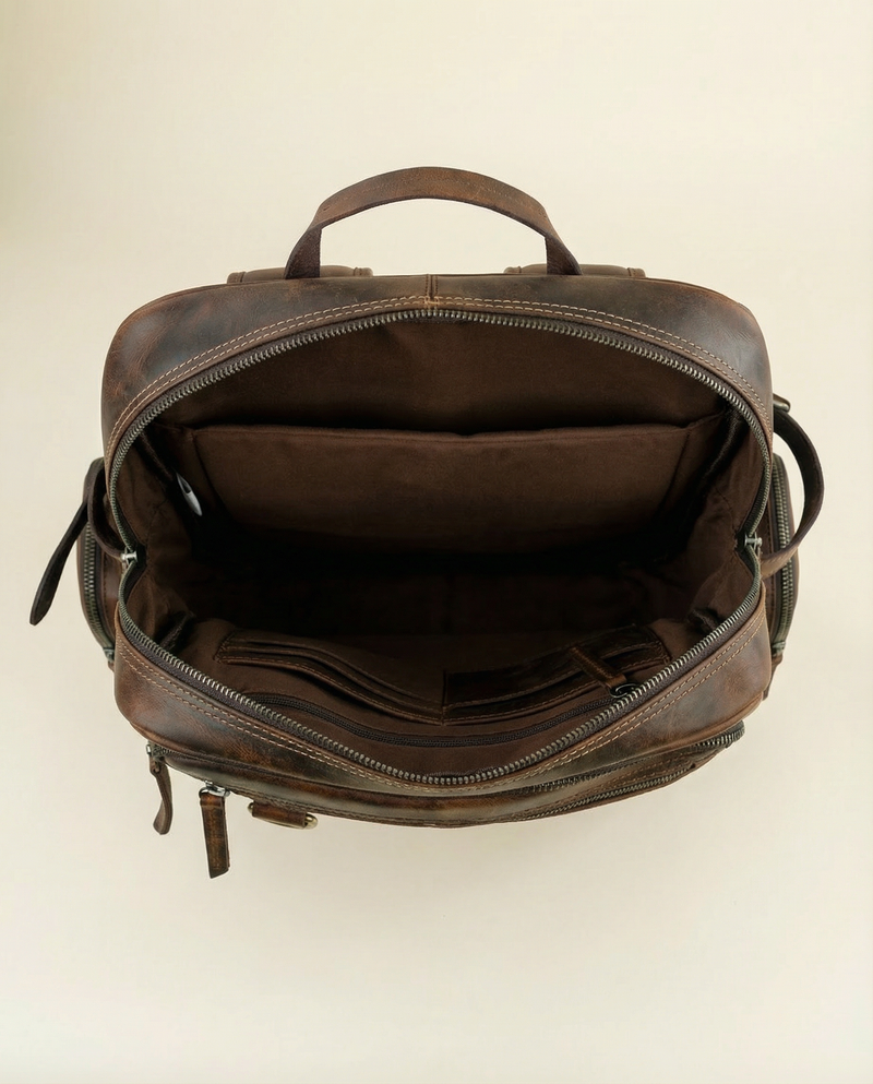 Brown leather backpack interior detail by Ya Qalbi