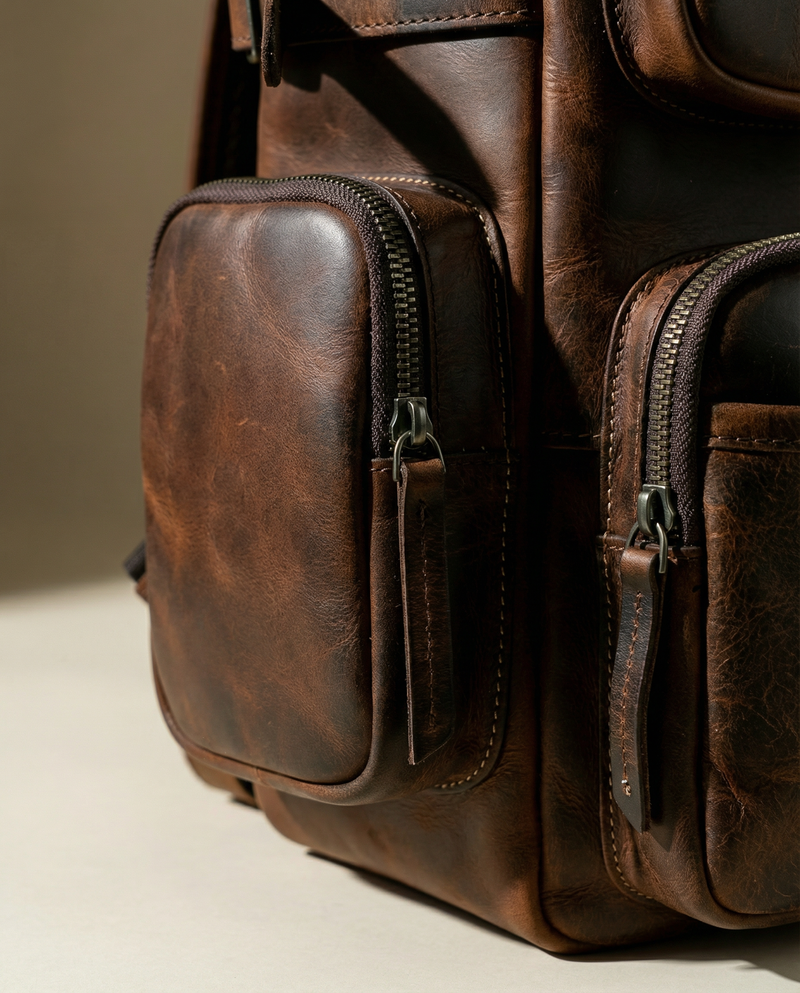 Genuine leather work backpack closeup by Ya Qalbi
