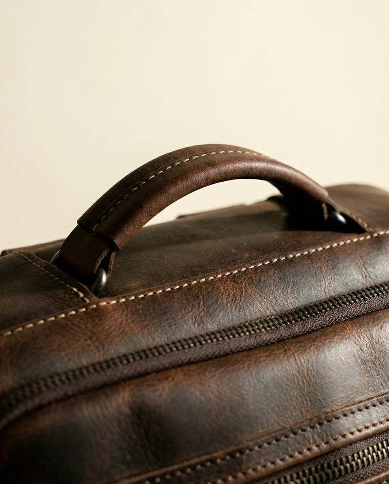 Full-grain leather travel backpack everyday view by Ya Qalbi