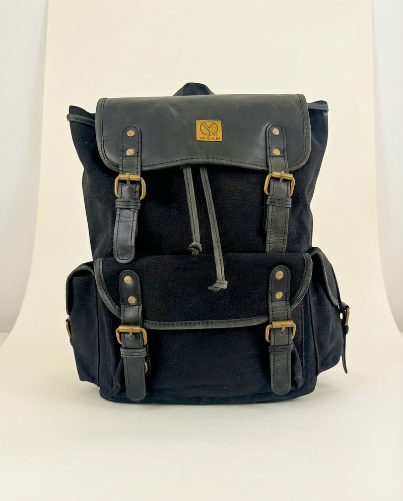Black Canvas and Leather Backpack – Antique Brass Buckles