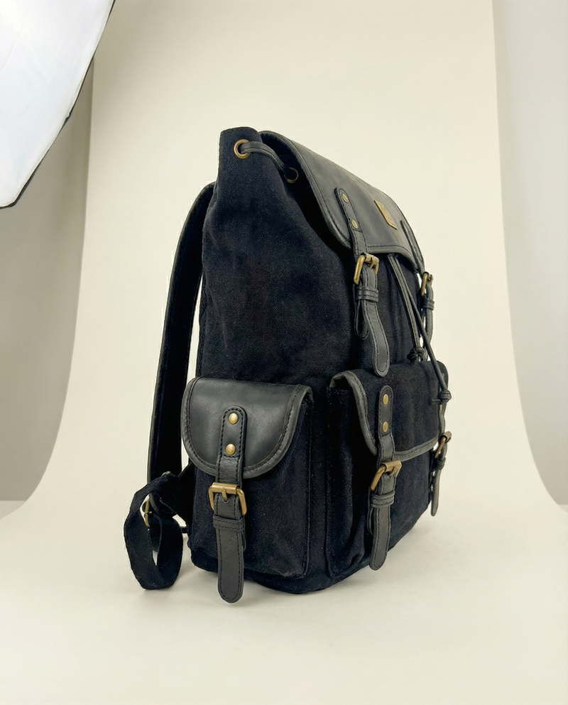 Black Canvas and Leather Backpack – Antique Brass Buckles