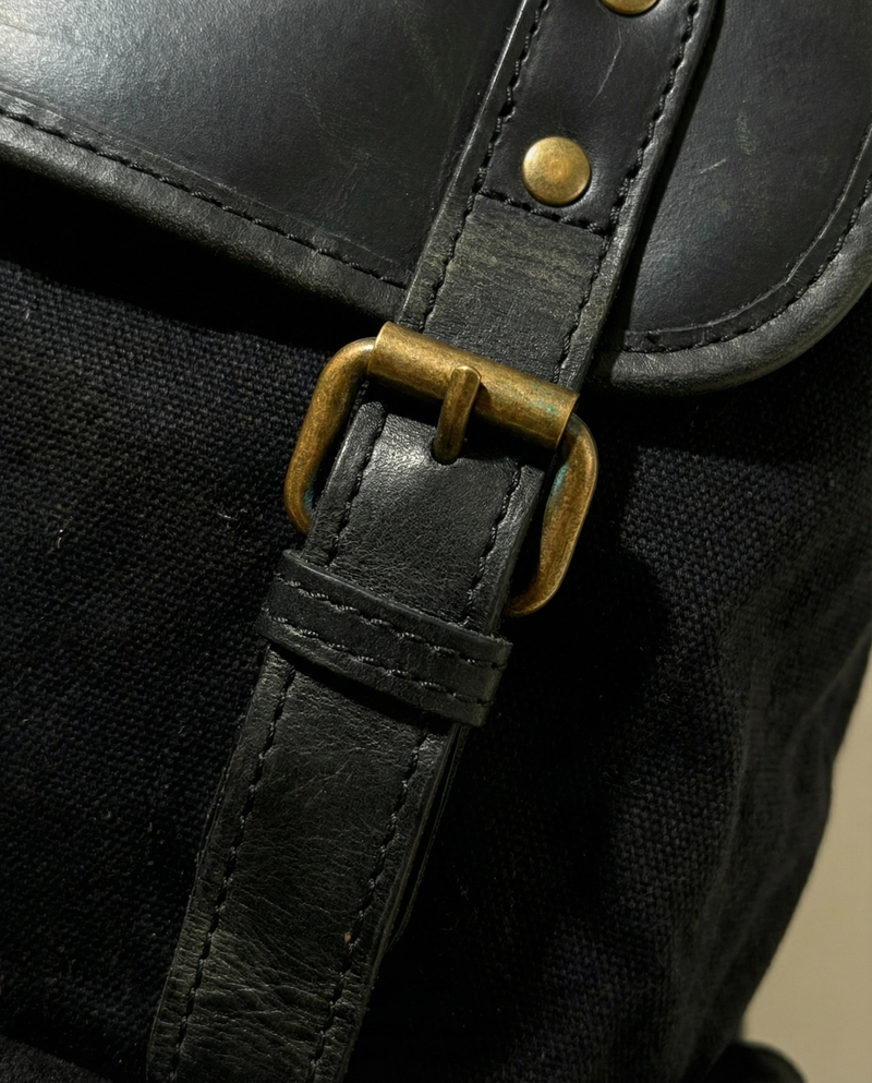 Black Canvas and Leather Backpack – Antique Brass Buckles