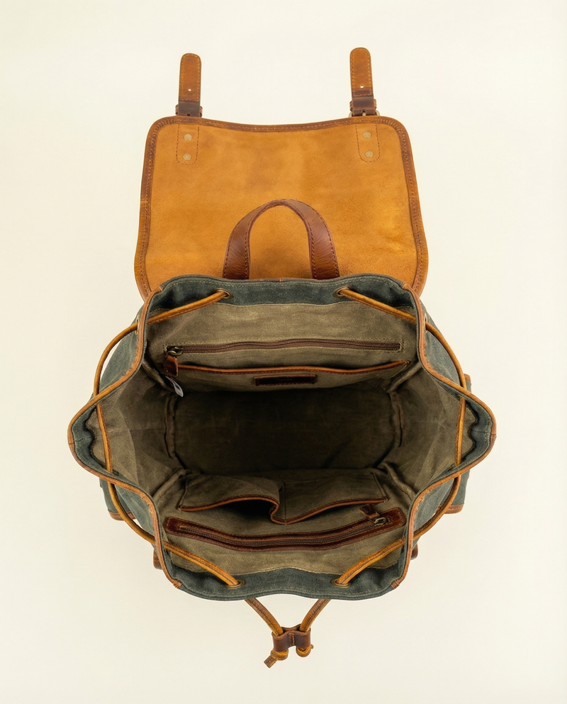 Sleek black leather work backpack interior by Ya Qalbi