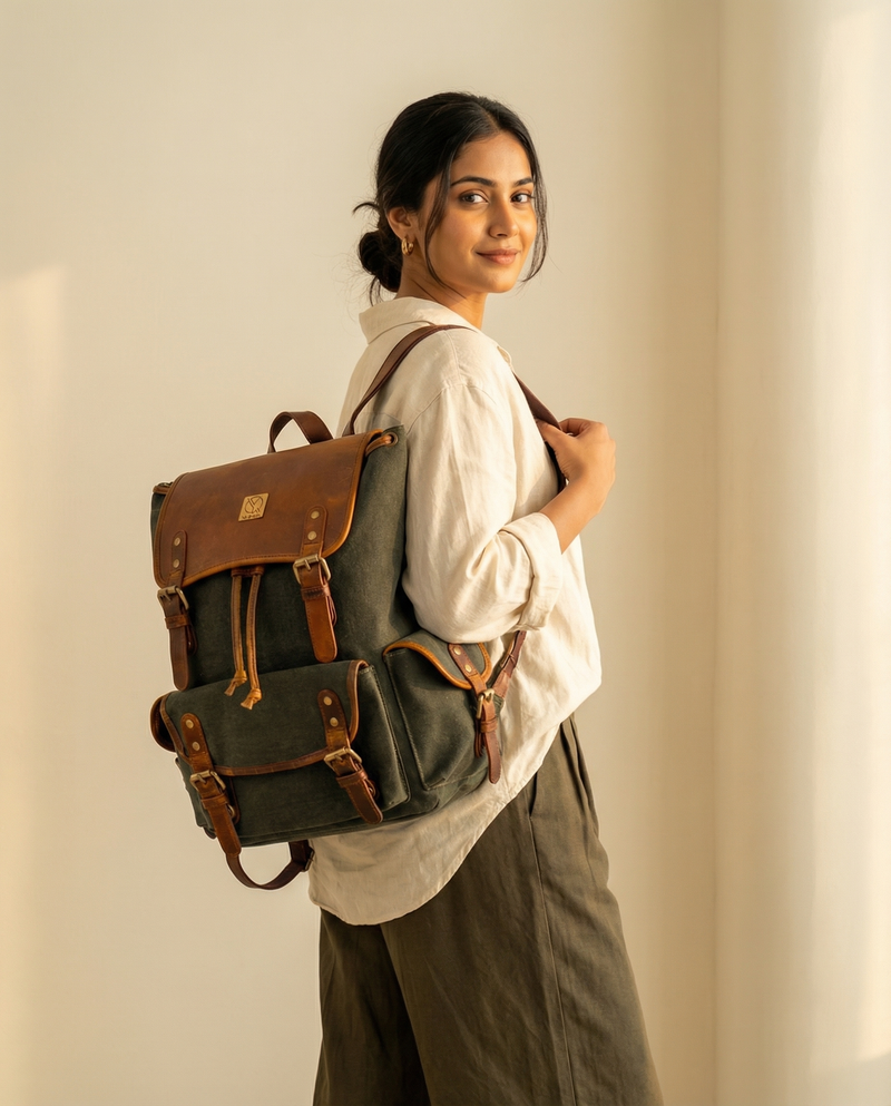 Black leather travel rucksack with smart pockets by Ya Qalbi