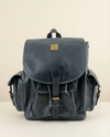 Navy Blue Full Grain Leather Backpack – Buckle Flap and Side Pockets