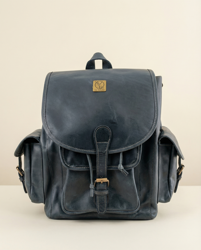 Navy Blue Full Grain Leather Backpack – Buckle Flap and Side Pockets