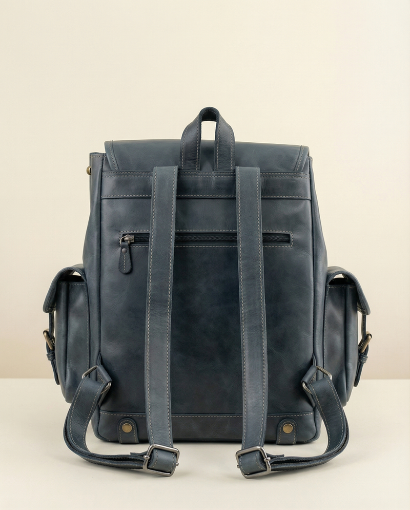 Navy Blue Full Grain Leather Backpack – Buckle Flap and Side Pockets