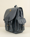 Navy Blue Full Grain Leather Backpack – Buckle Flap and Side Pockets
