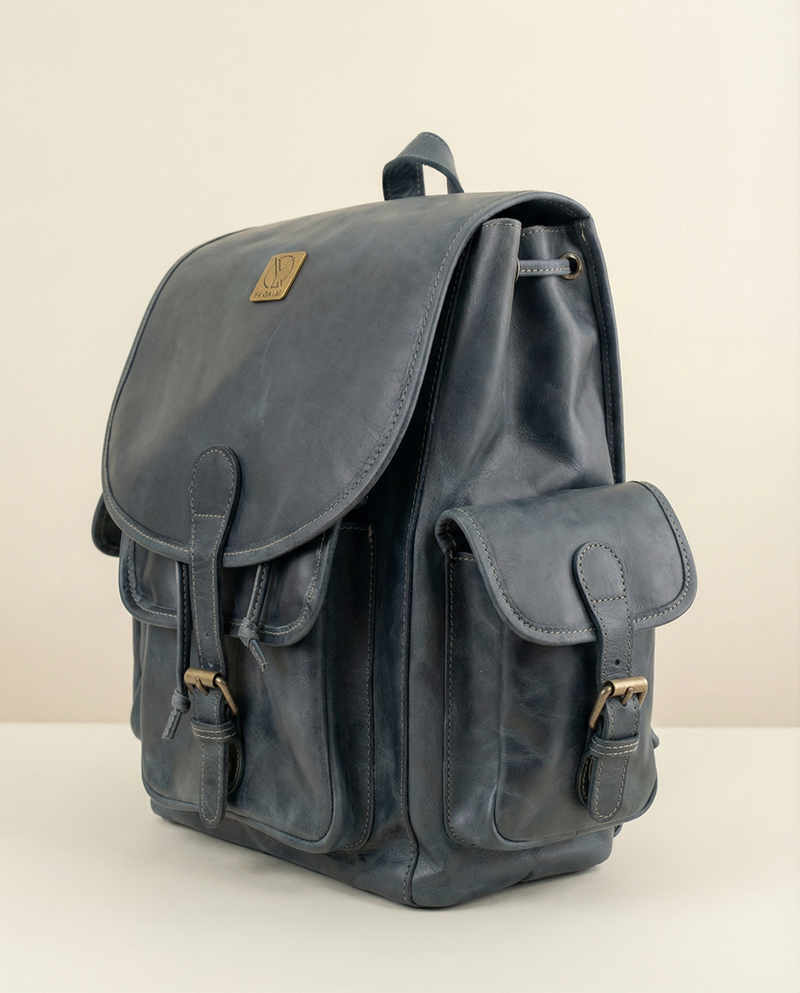 Navy Blue Full Grain Leather Backpack – Buckle Flap and Side Pockets