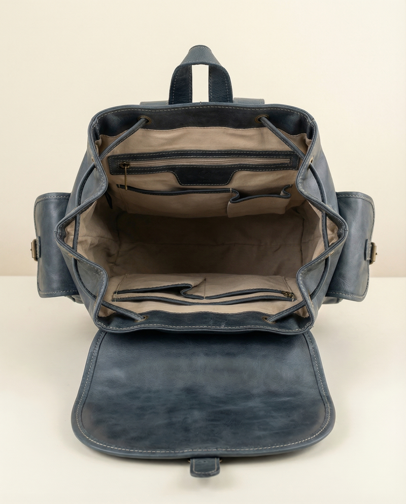 Navy Blue Full Grain Leather Backpack – Buckle Flap and Side Pockets