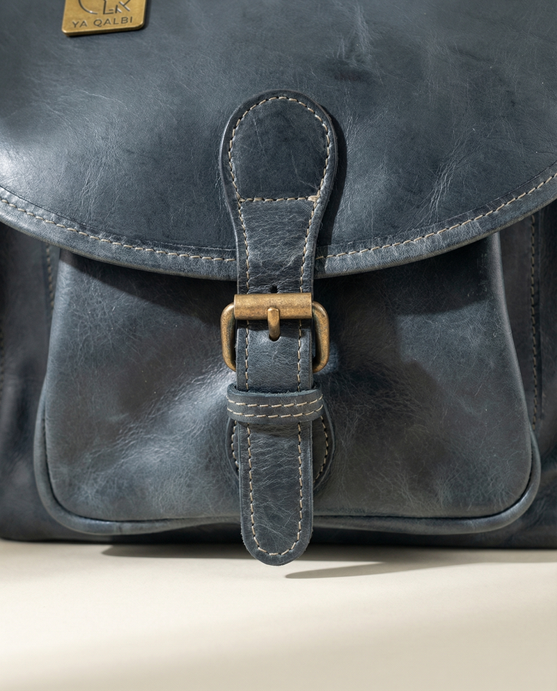 Navy Blue Full Grain Leather Backpack – Buckle Flap and Side Pockets