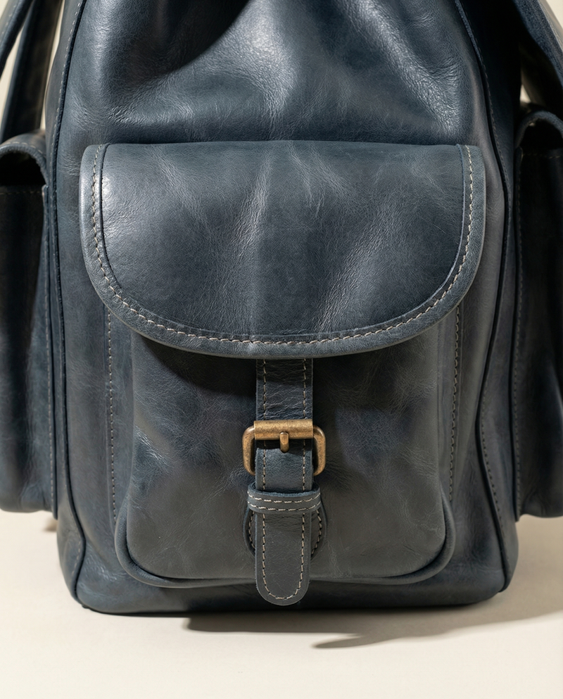 Navy Blue Full Grain Leather Backpack – Buckle Flap and Side Pockets