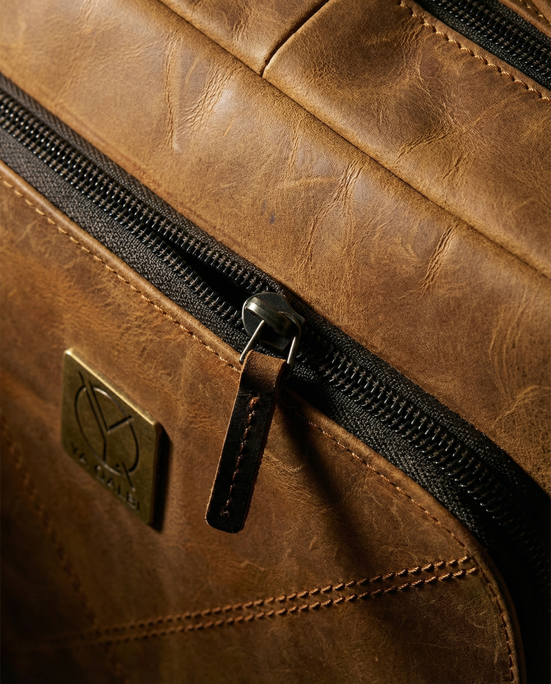 Full-grain leather work backpack everyday view by Ya Qalbi
