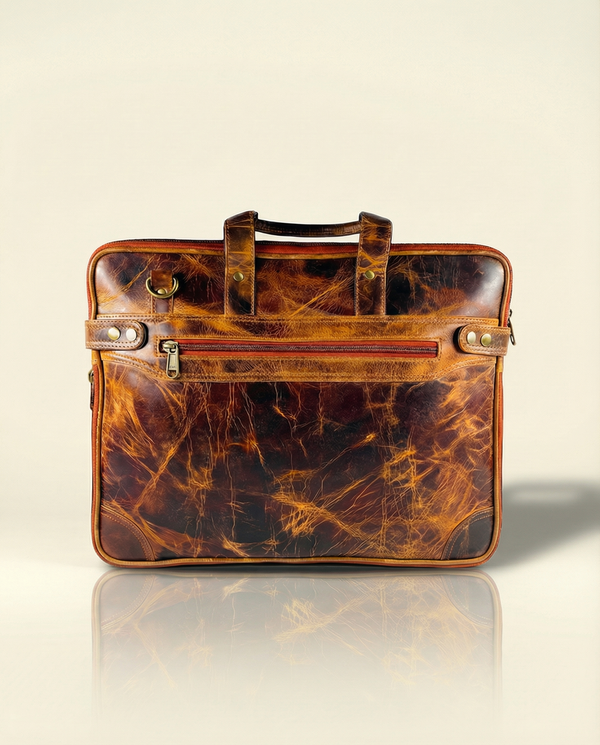Tan full-grain leather laptop bag expandable design by Ya Qalbi