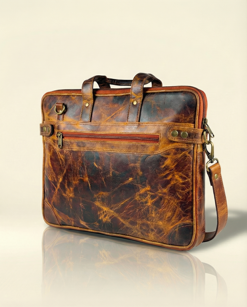 Premium tan leather office bag styled view by Ya Qalbi