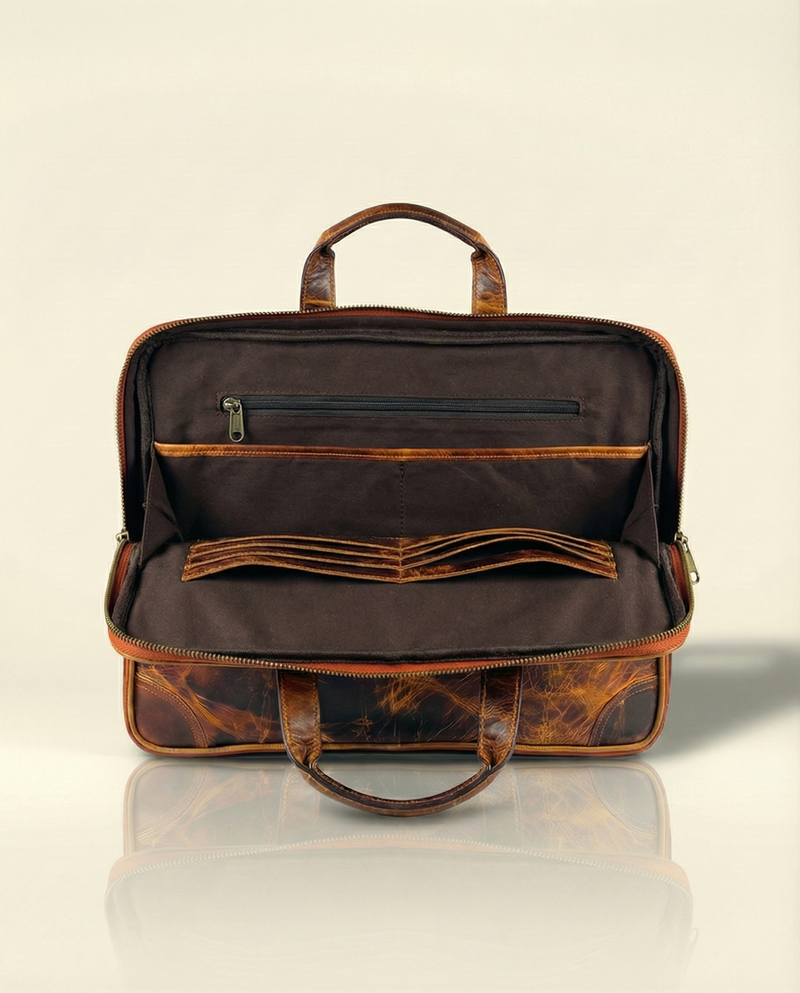 Handcrafted tan leather laptop bag detail by Ya Qalbi