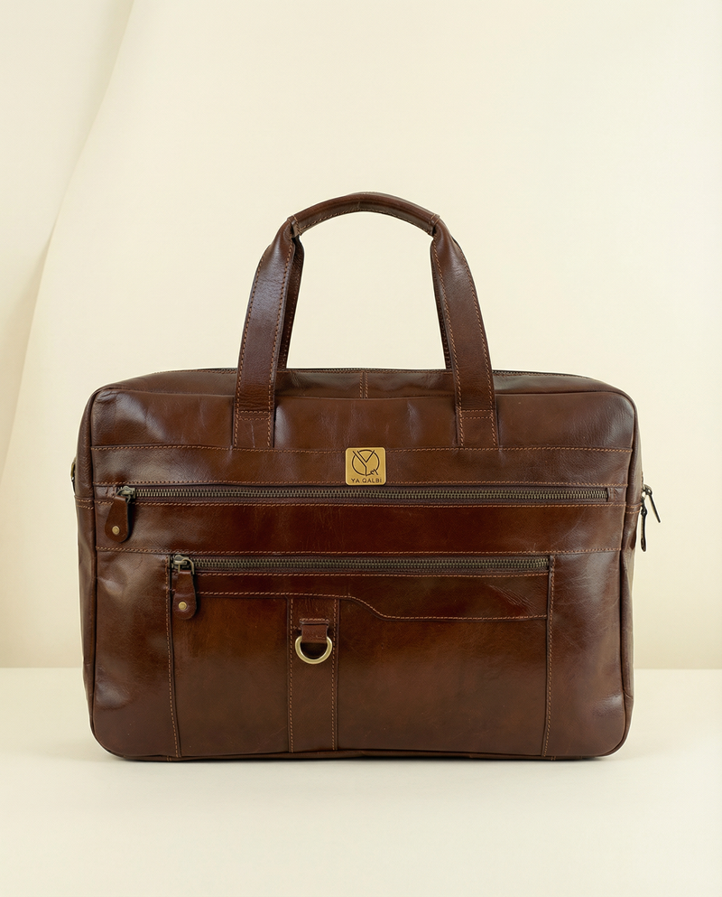 Rich brown full-grain leather laptop bag with padded compartment by Ya Qalbi