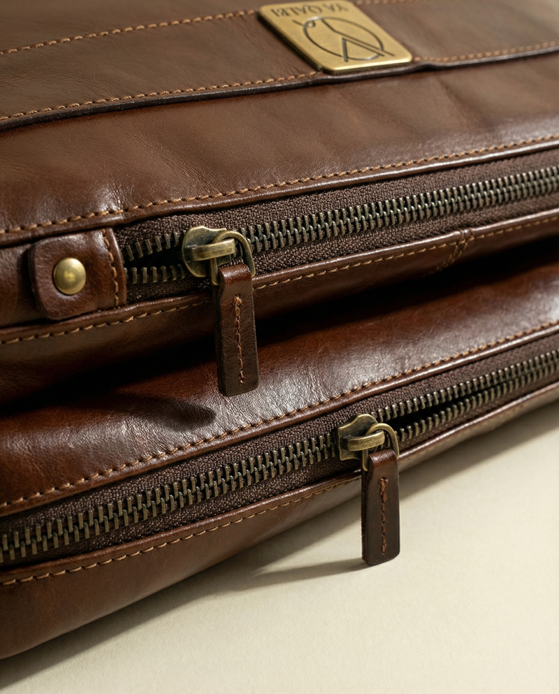 Brown leather work bag with multiple compartments by Ya Qalbi