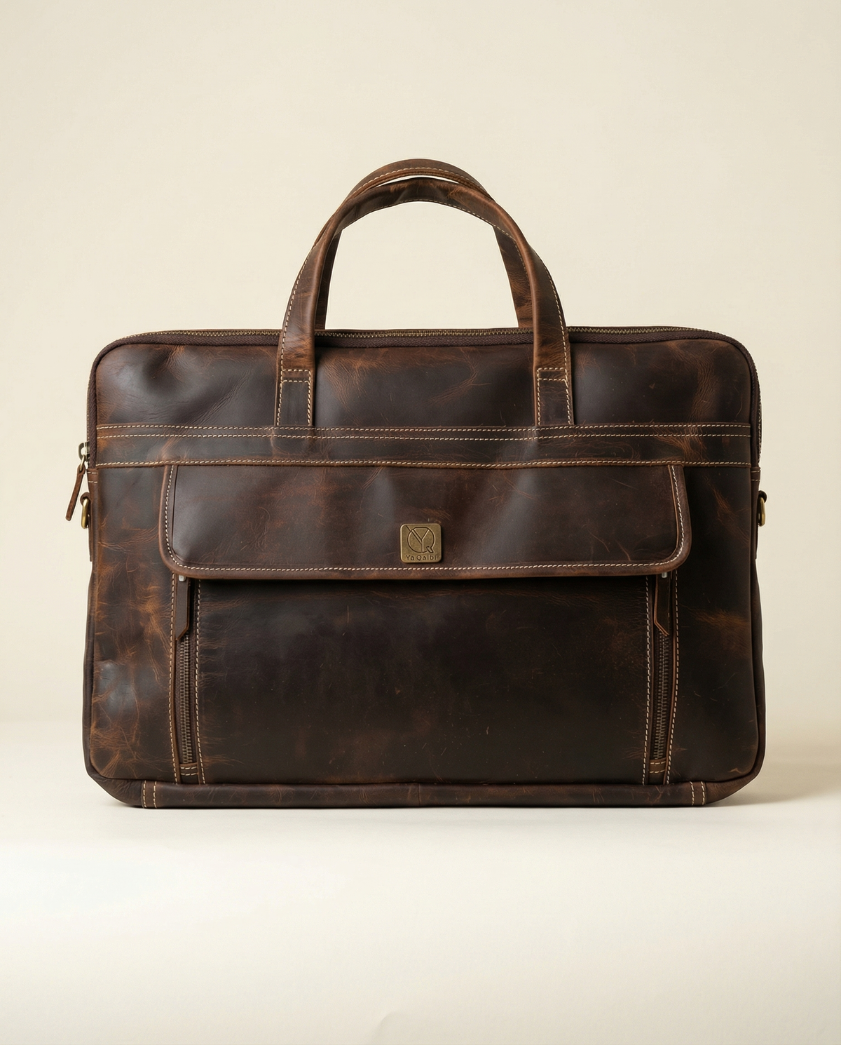 Dark brown buffalo leather laptop briefcase, front view