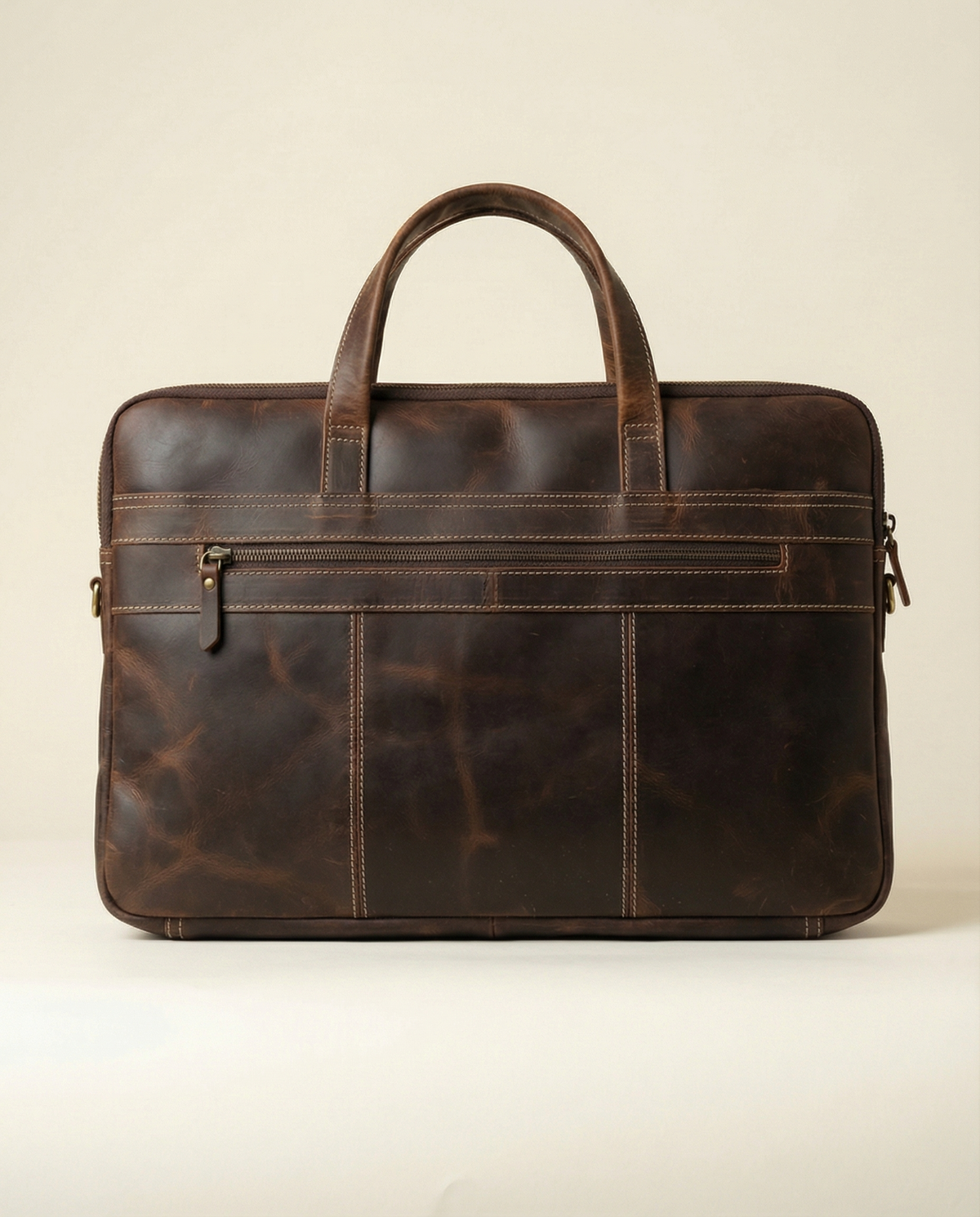Dark brown buffalo leather briefcase with front zip pocket