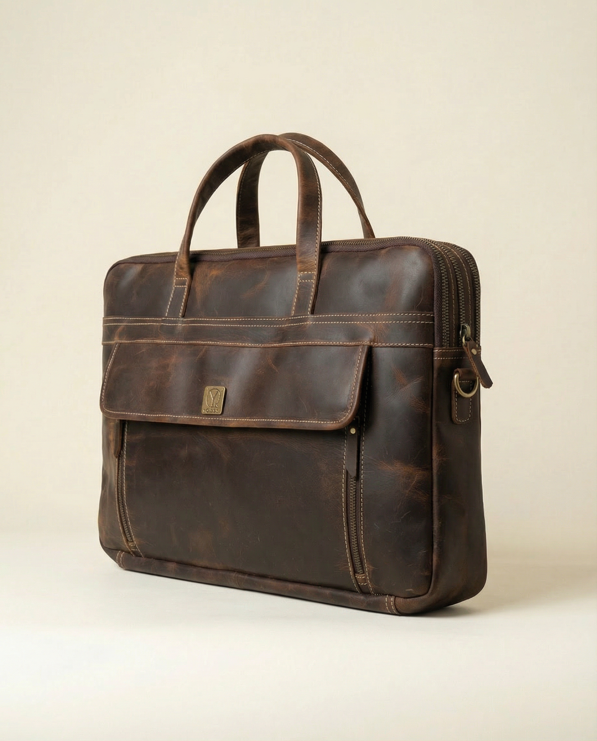 Buffalo leather laptop briefcase, angled view