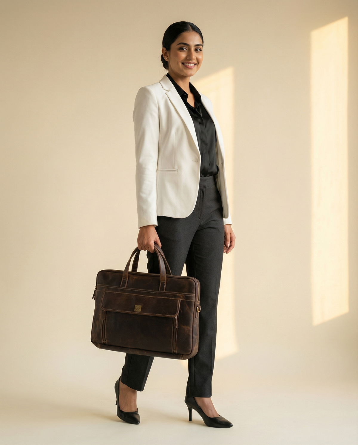 Woman carrying dark brown buffalo leather briefcase