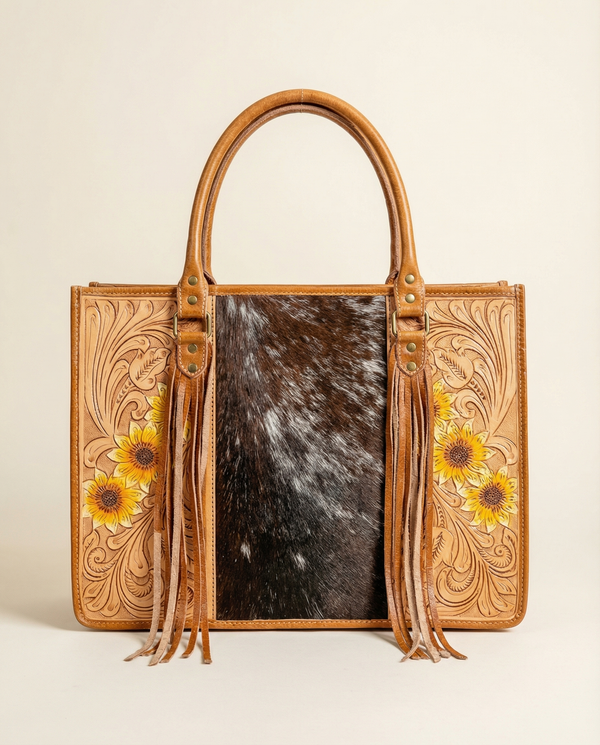 Hand-tooled cowhide leather tote bag with Western floral carving by Ya Qalbi