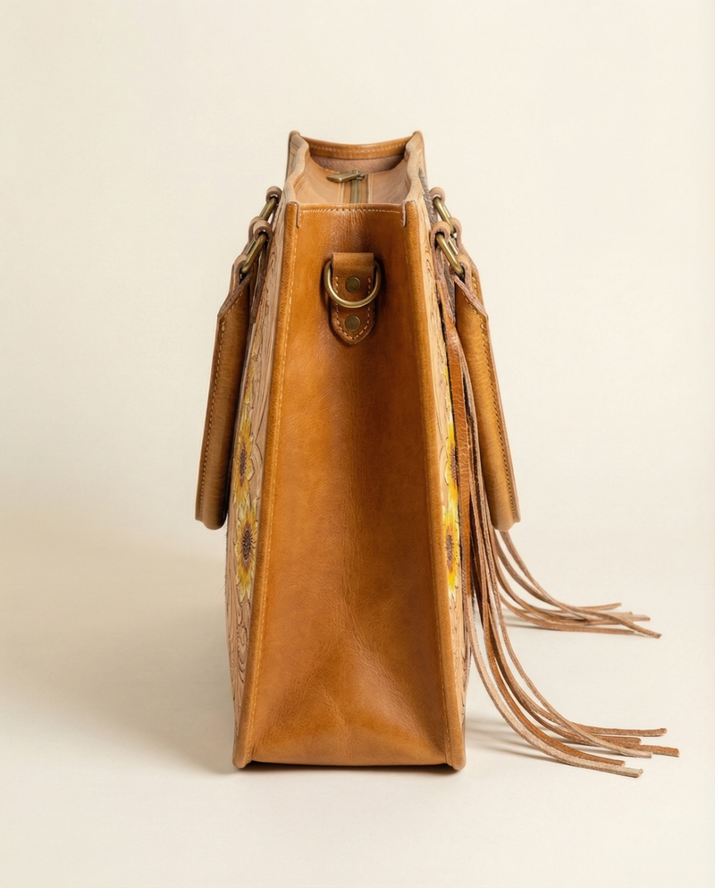 Artisan hand-carved leather cowhide tote for women by Ya Qalbi