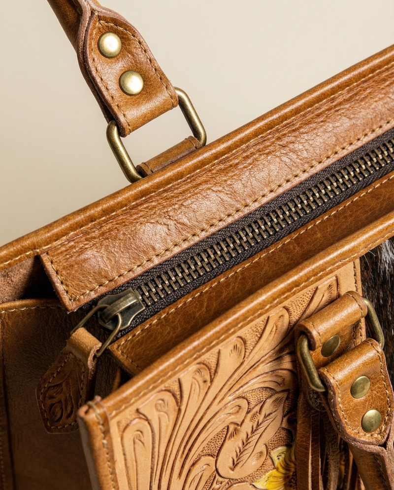 Hand-tooled leather tote bag with cowhide accent by Ya Qalbi