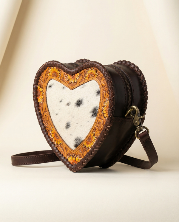 Heart-shaped cowhide leather sling purse by Ya Qalbi
