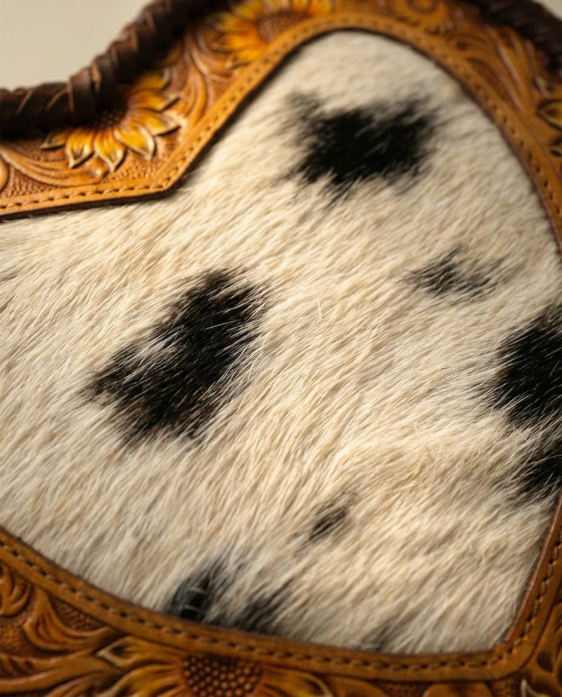 Cowhide heart leather crossbody bag artisan detail by Ya Qalbi