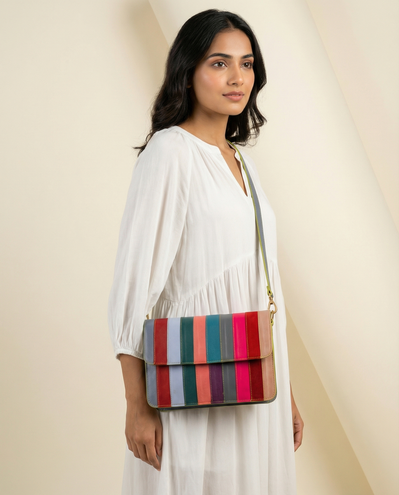 Vibrant leather crossbody sling closeup by Ya Qalbi