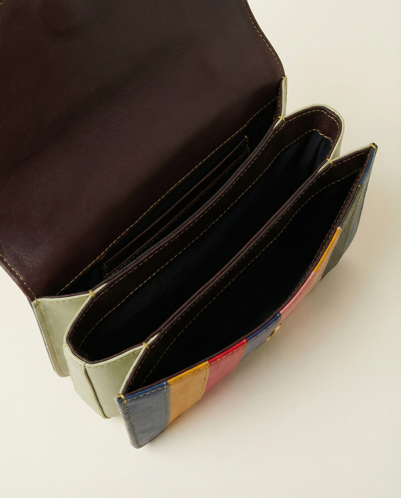 Colorful multicolor leather sling bag detail by Ya Qalbi