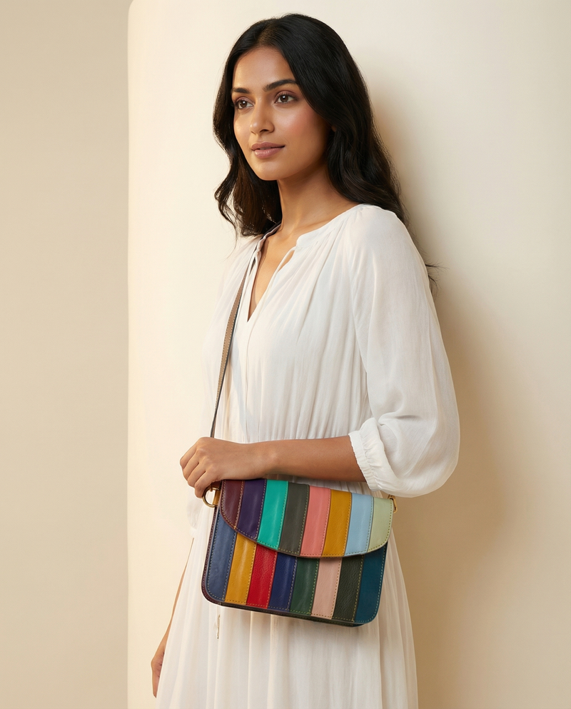 Handcrafted rainbow leather travel sling by Ya Qalbi