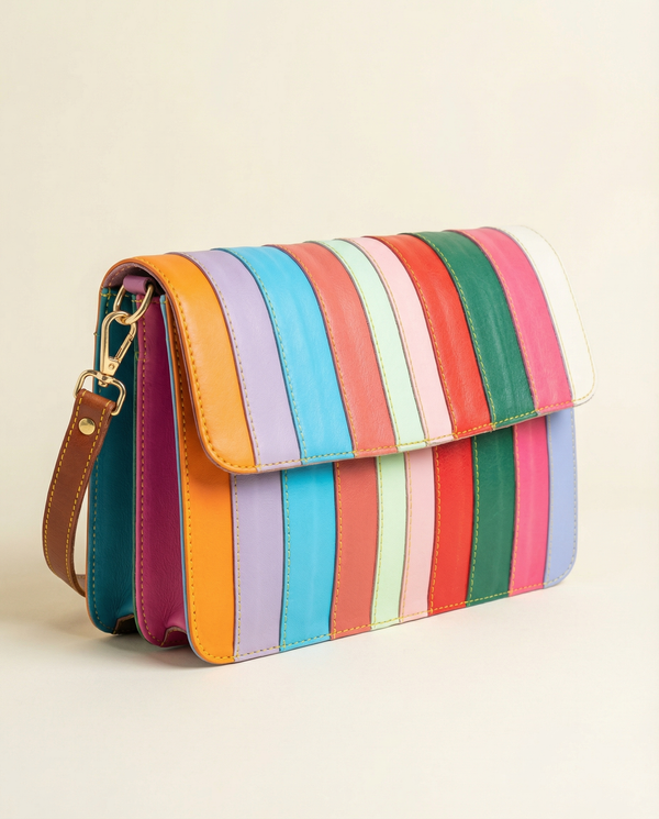 Extra-spacious rainbow leather sling with three compartments by Ya Qalbi