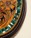 Handcrafted leather round crossbody detail by Ya Qalbi