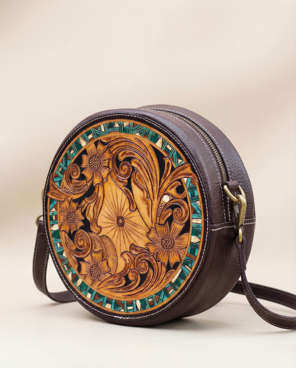 Designer round leather sling purse with extra-long strap by Ya Qalbi