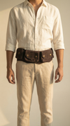 Brown leather pocket belt detail view by Ya Qalbi