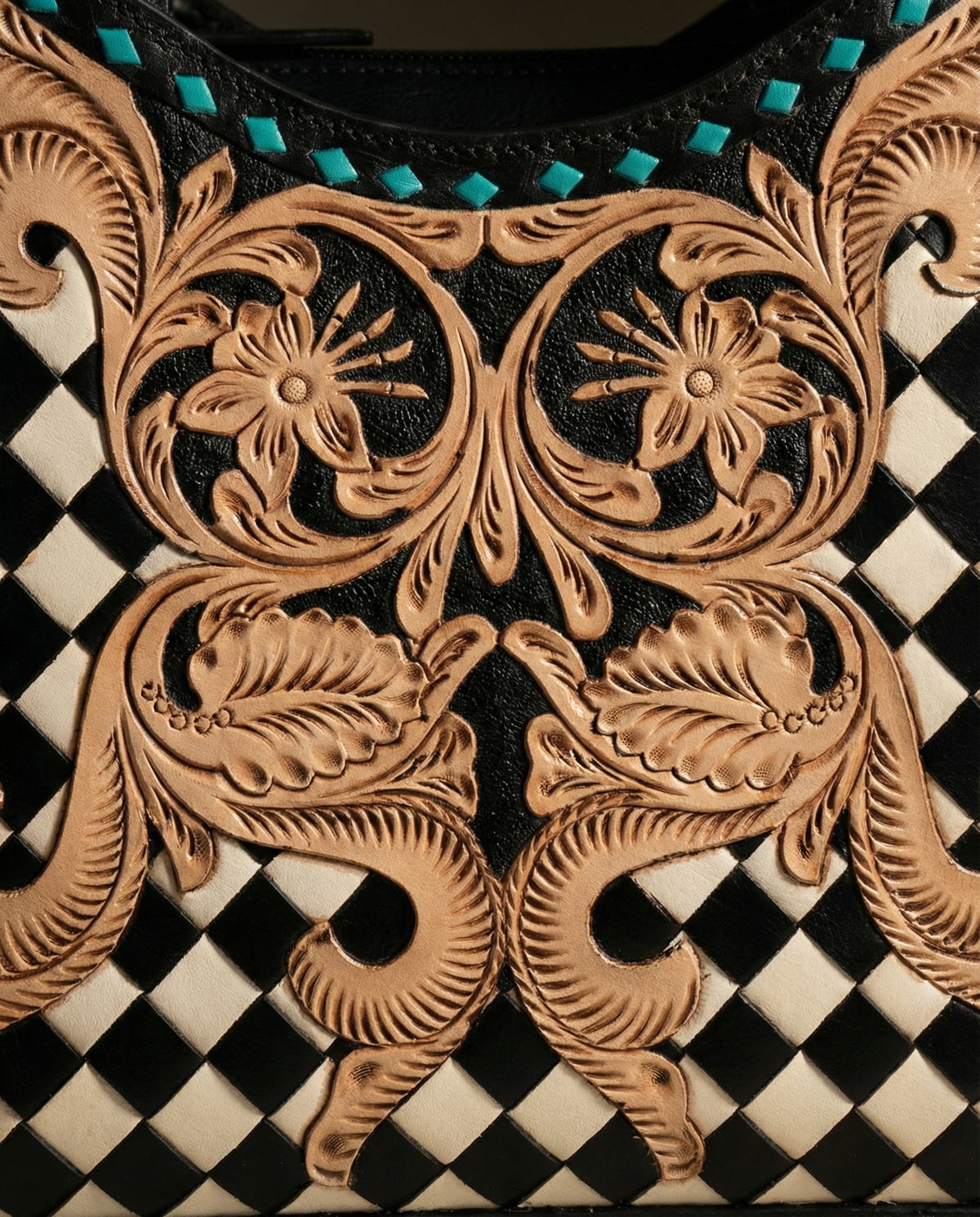 Western floral tooled cowhide leather tote bag with fringe and hand-carved details