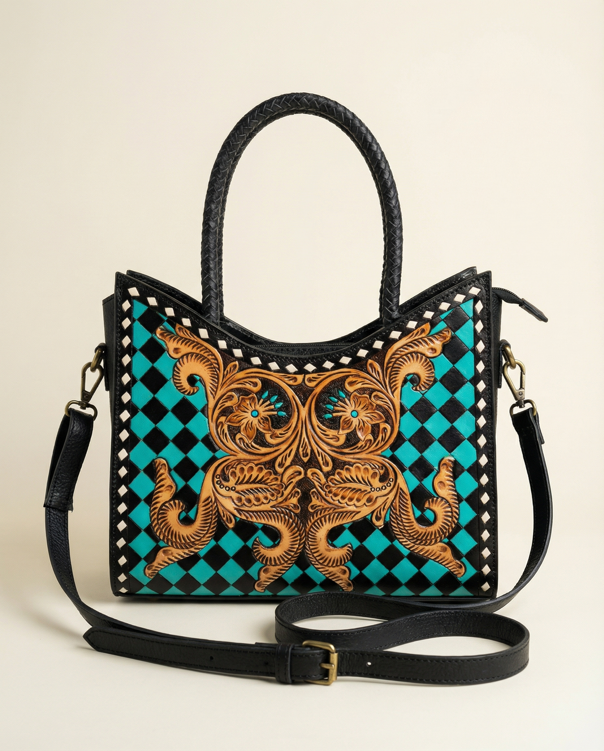 Turquoise checkerboard hand-tooled leather tote with braided handles by Ya Qalbi