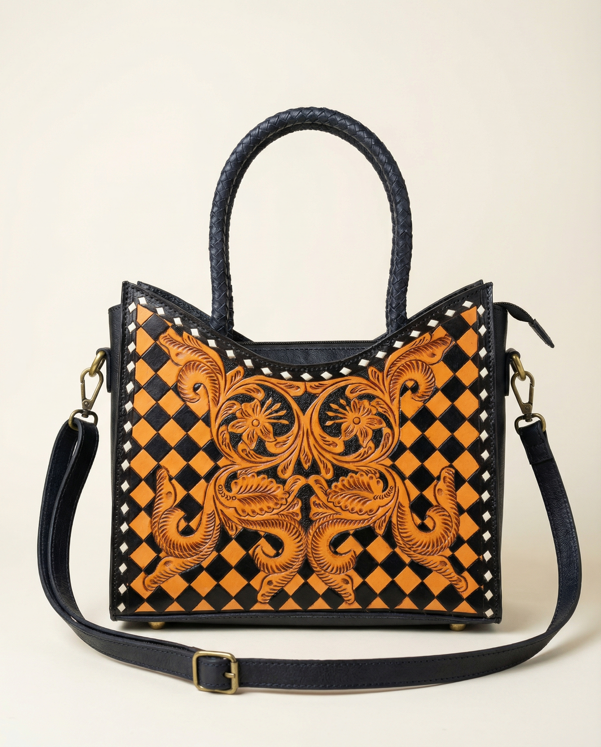 Amber and black checkerboard hand-tooled leather tote by Ya Qalbi