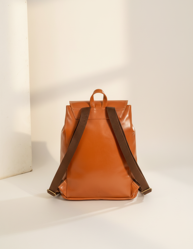 Unisex glossy brown leather rucksack for work and travel