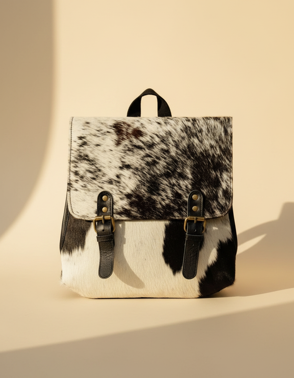Roshan black and white hair-on cowhide leather backpack purse | Ya Qalbi
