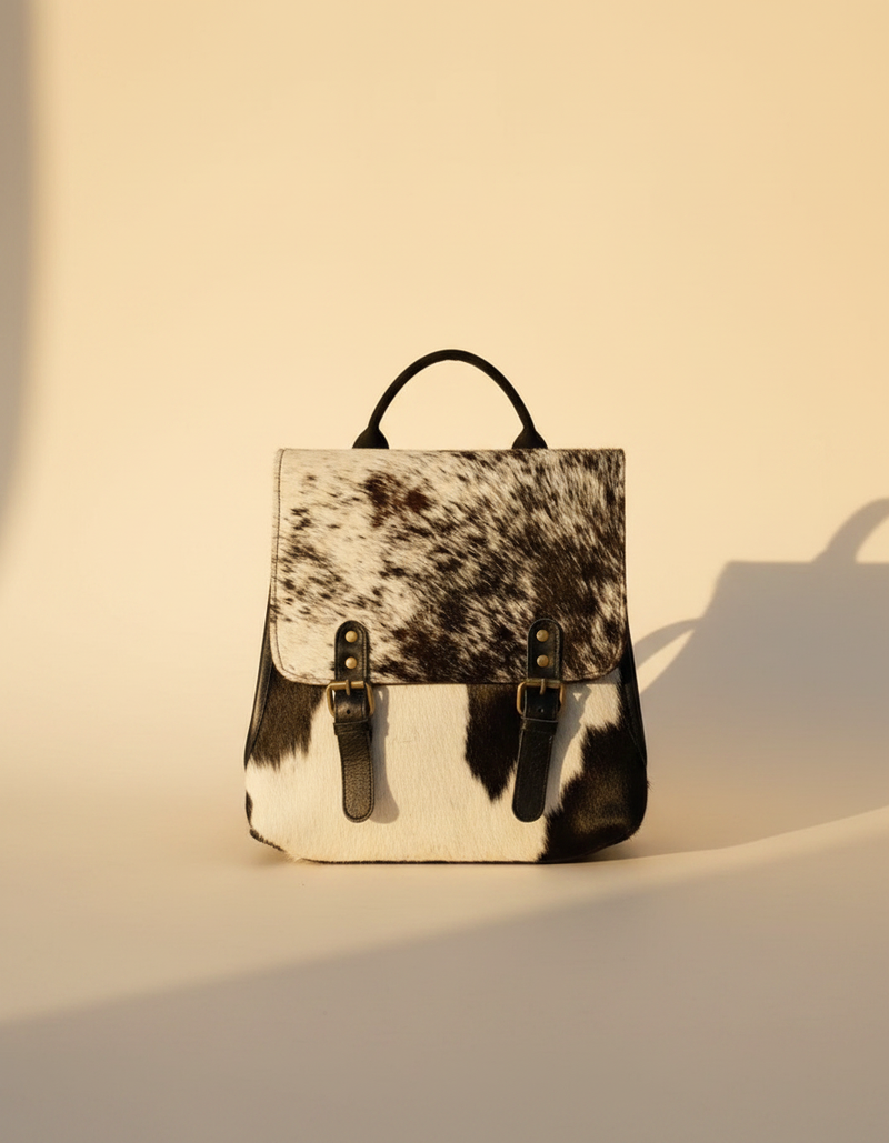 Black and White Hair-On Leather Flap Backpack – Brass Buckles