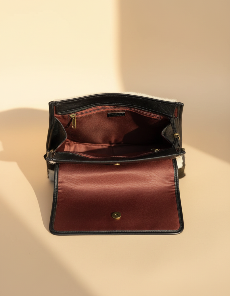 Black and White Hair-On Leather Flap Backpack – Brass Buckles