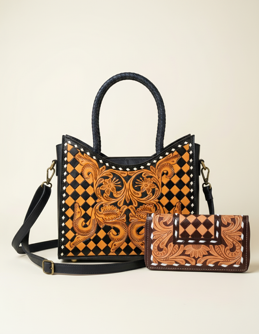 Amber and black checkerboard tooled leather tote, shown with matching tooled wallet, by Ya Qalbi